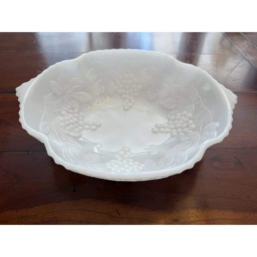 Vintage Anchor Hocking Milk Glass Harvest Grape Oval Bowl Handled Serving MCM